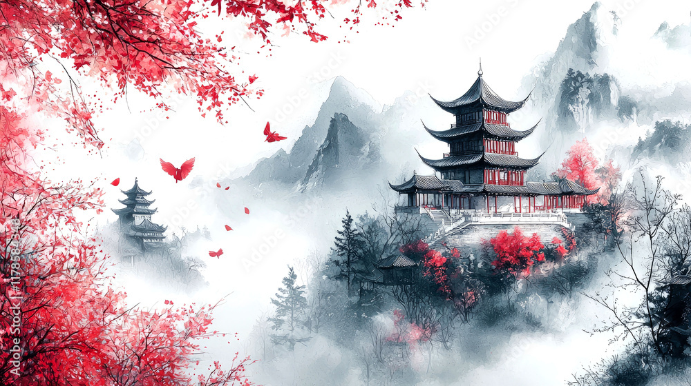 Obraz premium Serene Pagoda on Misty Mountain: A Watercolor Painting of Tranquil Asian Landscape