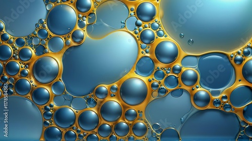 Digital Illustration Blue and Gold Bubbles in Liquid - This image depicts a cluster of blue and gold bubbles of various sizes floating in a liquid