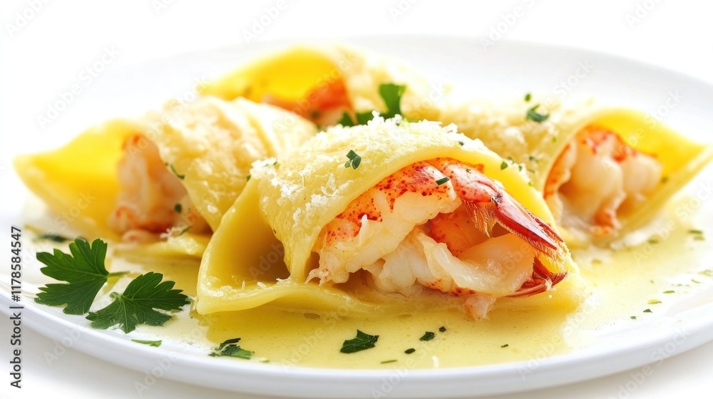 Delicious shrimp-filled pasta shells in creamy sauce, garnished with parmesan and parsley. Delicious shrimp-filled pasta shells in creamy sauce, garnished with parmesan and parsley.