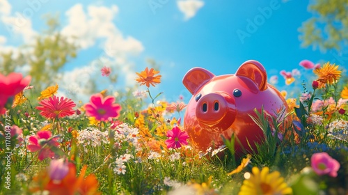 Playful Depiction of Piggy Bank Surrounded by Vibrant Garden Flowers