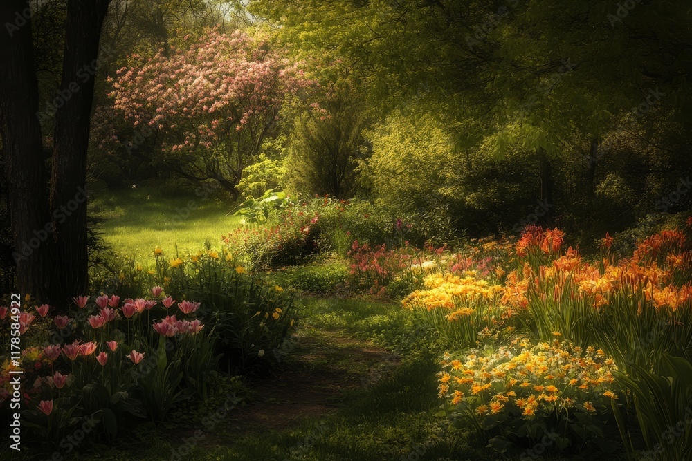 Fototapeta premium A serene garden path with vibrant spring flowers and lush greenery, bathed in warm sunlight, creating a tranquil and enchanting atmosphere.
