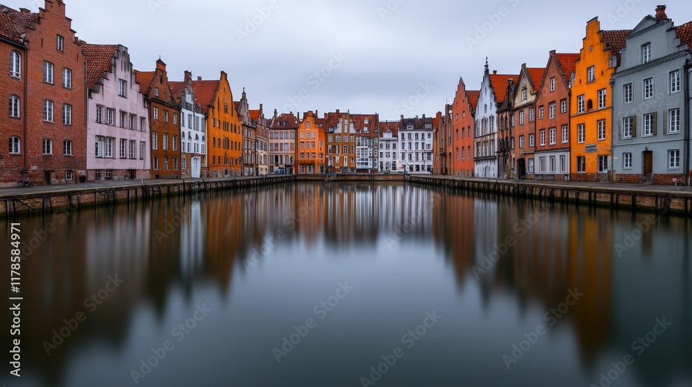 Mindfulness and meditation method, A picturesque waterfront lined with colorful historic buildings reflecting in calm waters, under a cloudy sky.