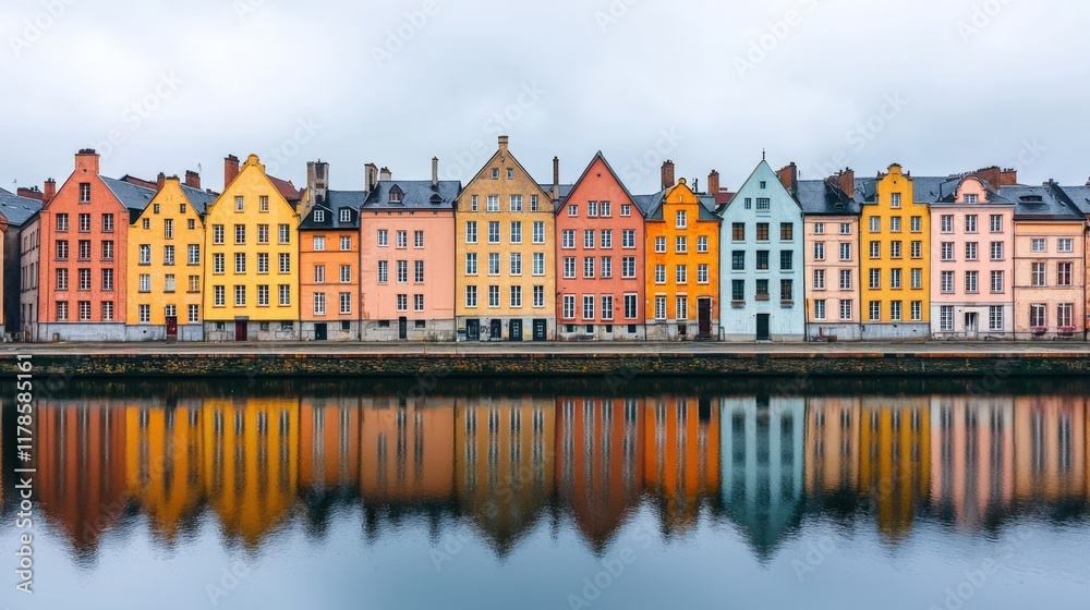 Obraz premium Mindfulness and meditation method, A picturesque row of colorful buildings reflects in a calm waterway, showcasing vibrant architecture on a cloudy day.