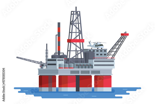 Offshore Oil Rig Illustration with Chimneys and Structures on water. Editable Vector Element on White Background