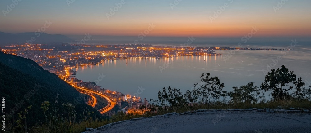 Scenic Coastal City Sunset  Highway  Bay  Night Lights