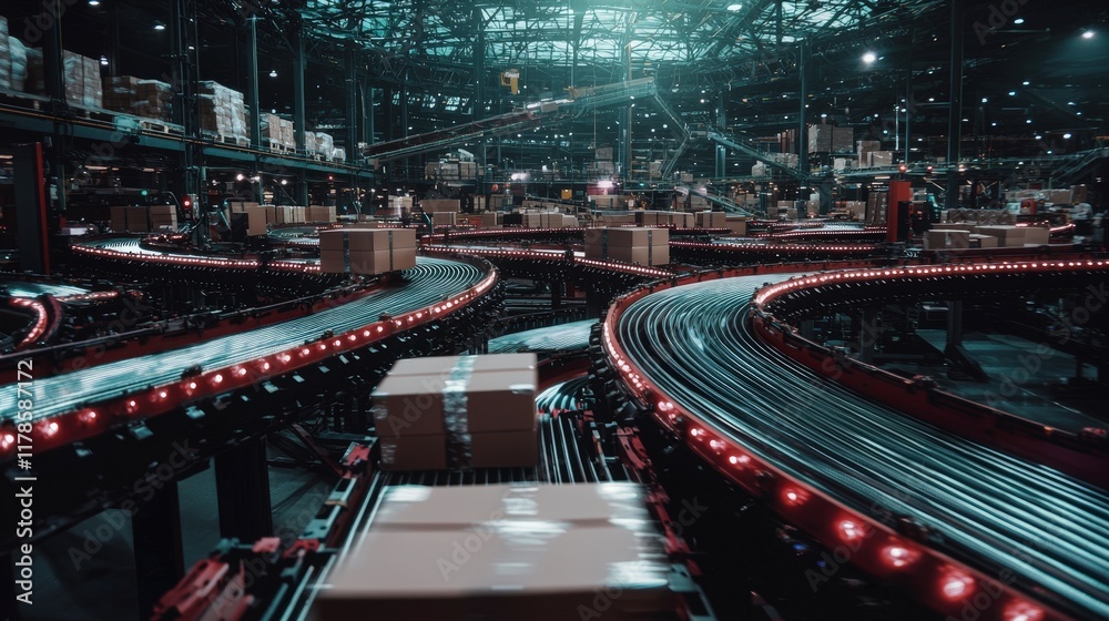 Obraz premium Automated Warehouse Conveyor System Fast Package Sorting Delivery