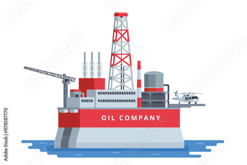 Offshore Oil Rig Illustration with Chimneys and Structures on water. Editable Vector Element on White Background