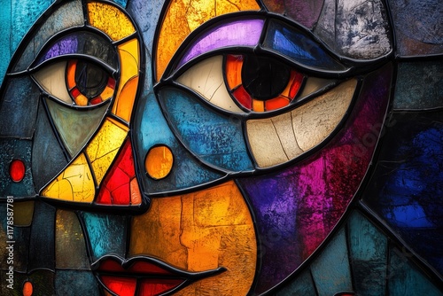 Stained glass artwork featuring colorful abstract eyes in vibrant hues and shapes