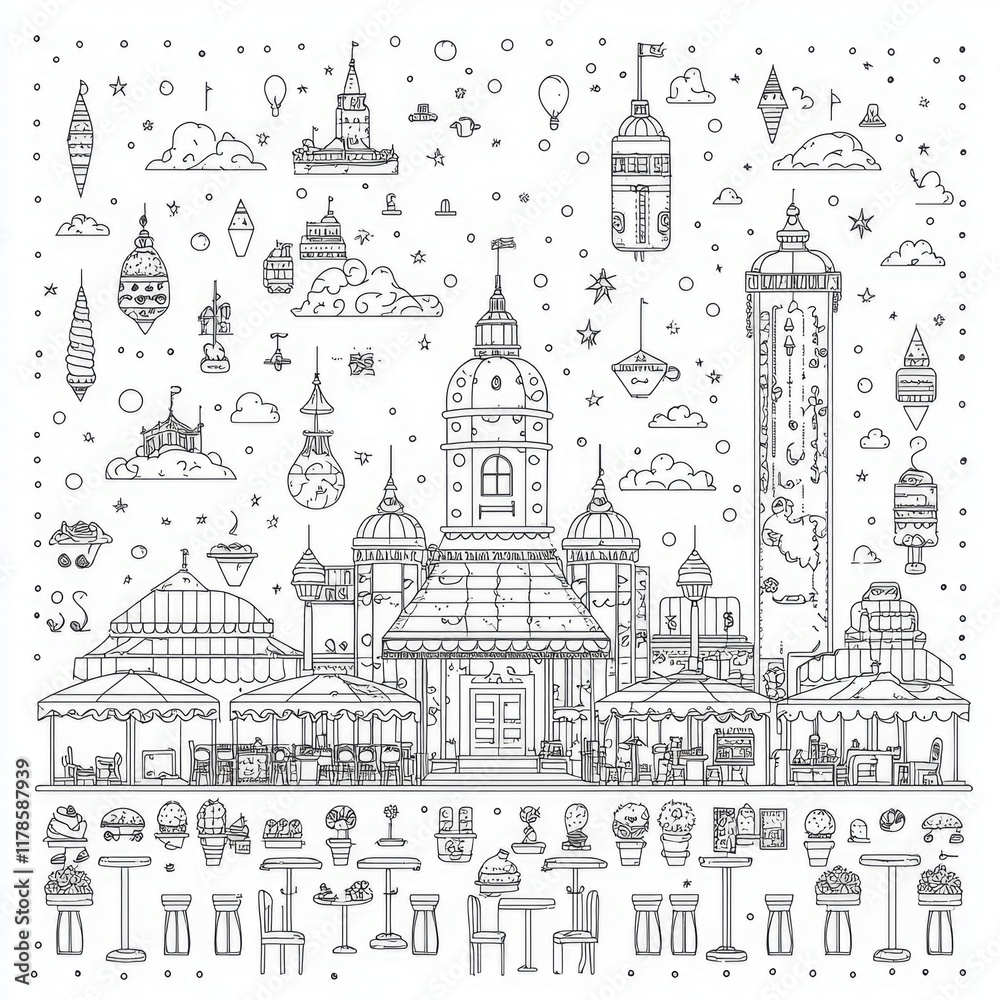 Obraz premium Whimsical Town: Line Art of a Charming Cafe and Cityscape