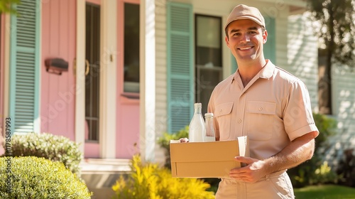 Cheerful milkman holding bottles and box