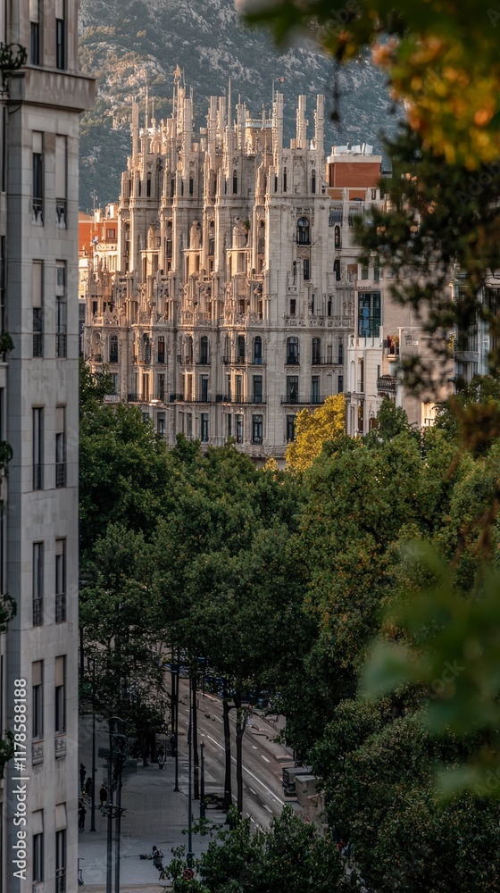 Naklejka premium Majestic Spanish Architecture Gothic Modernist Facades Cityscape View