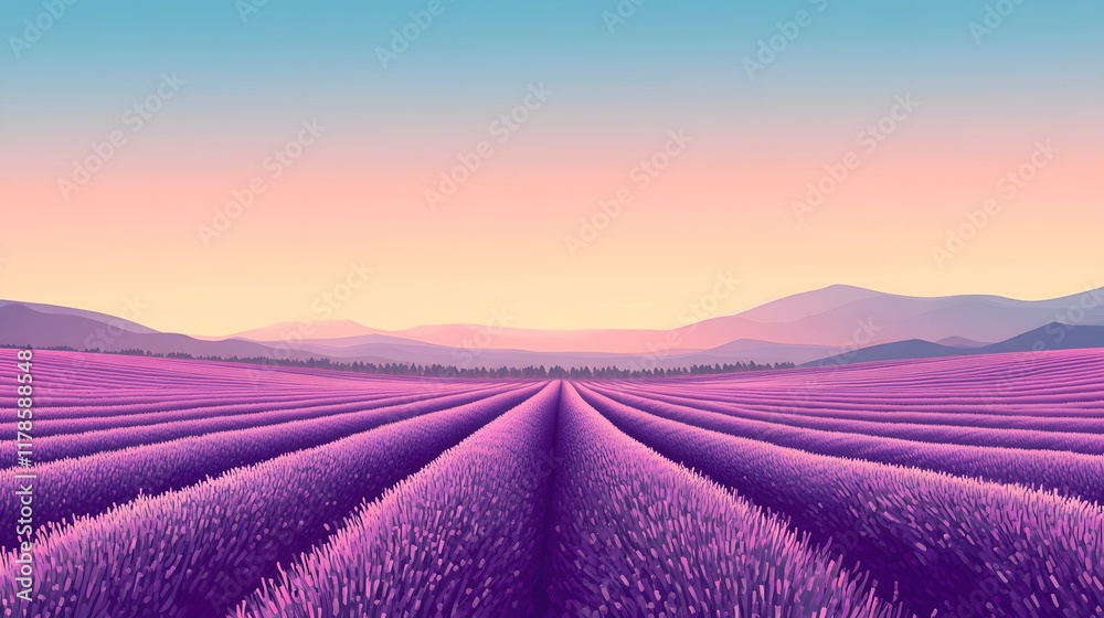 Naklejka premium Tranquil lavender fields under a clear daytime sky, with rows of purple flowers stretching to the horizon. Captures the tranquility and beauty of nature