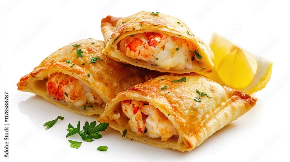 Three golden-brown lobster pastries with parsley and lemon. Three golden-brown lobster pastries with parsley and lemon.
