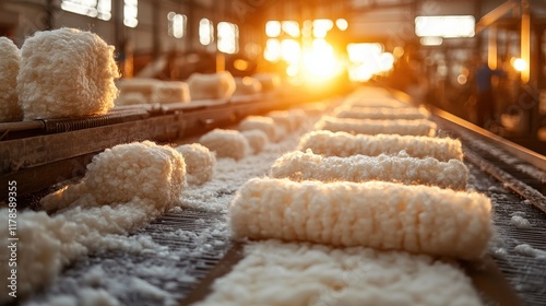 Soft Wool Rolls on Production Line at Sunset in Textile Factory Showcasing Natural Fiber Processing Techniques and Warm Ambient Light for Textile Industry Photography