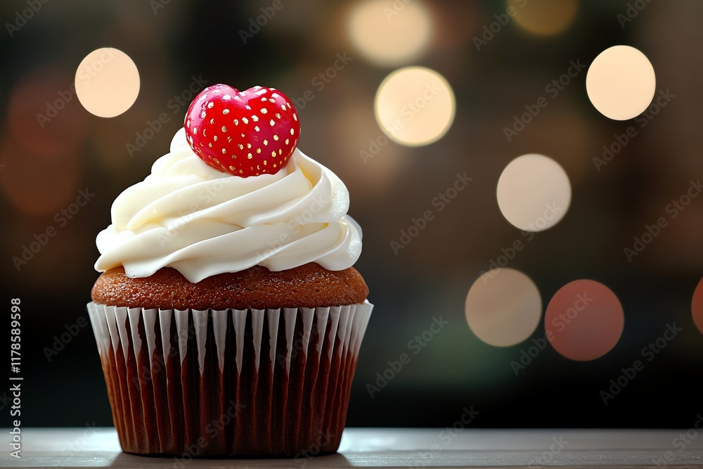 A delicious cupcake topped with whipped cream and a heart-shaped strawberry, set against a softly blurred, colorful background. A delicious cupcake topped with whipped cream and a heart-shaped strawberry, set against a softly blurred, colorful background.