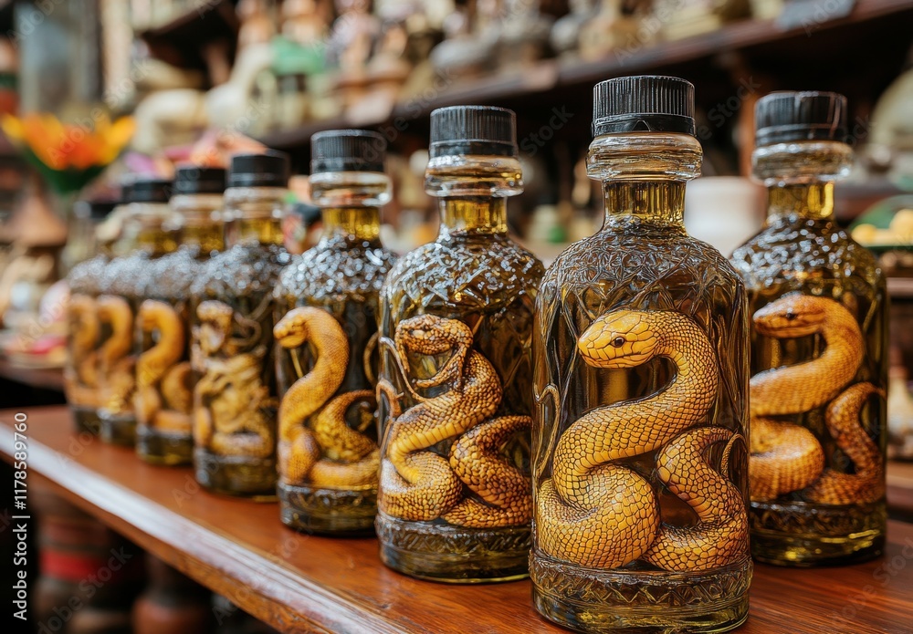 Fototapeta premium Bottles of Unique Snake Liquor Displayed on a Wooden Shelf in a Rustic Market with Intricate Designs and Vibrant Colors Capturing the Attention of Passersby