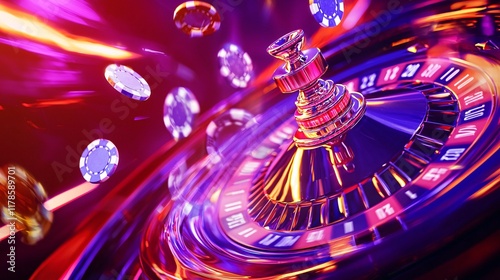 Captivating Roulette Wheel in Action with Colorful Chips Flying Around