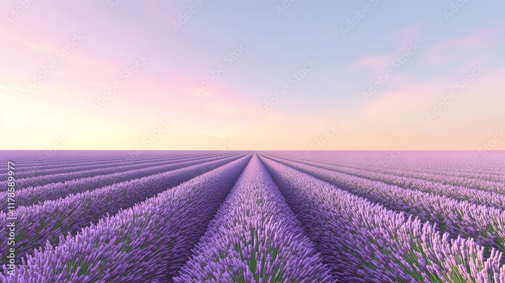 Obraz premium Tranquil lavender fields under a clear daytime sky, with rows of purple flowers stretching to the horizon. Captures the tranquility and beauty of nature