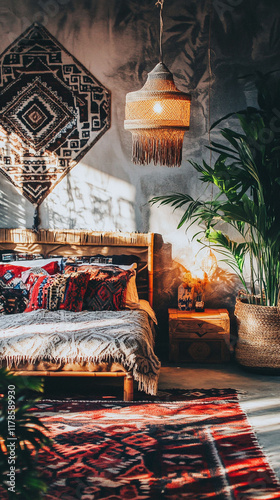 A bedroom with tribal prints soft lighting and boho patterns. photo