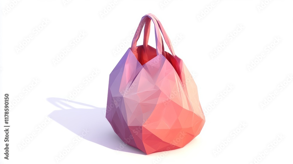 Obraz premium A pink bag with a red handle sits on a white background. The bag is made of a unique material that gives it a three-dimensional appearance. The colors of the bag