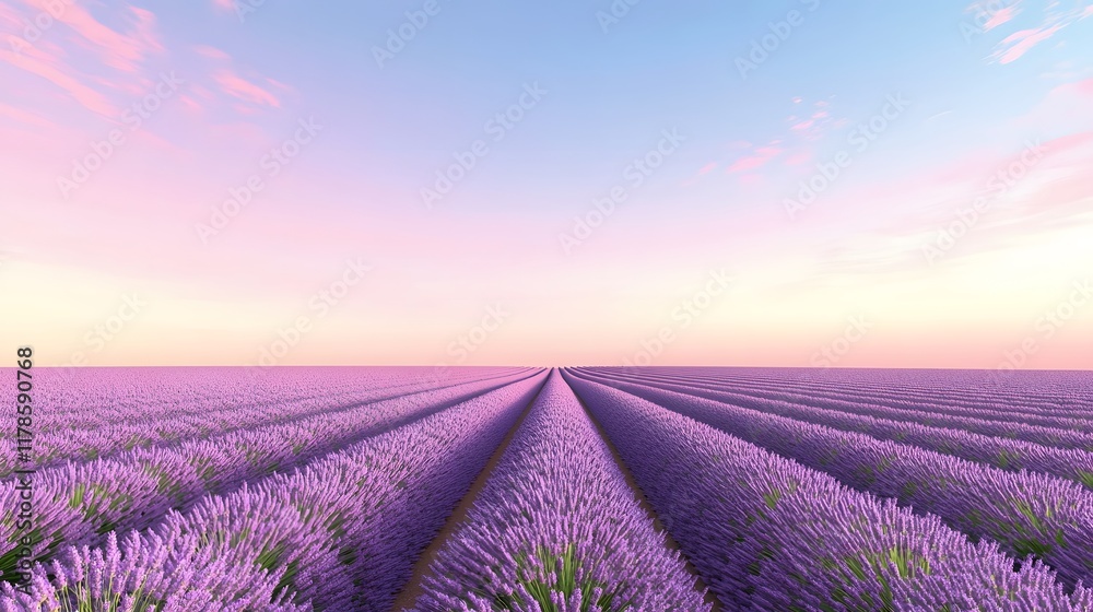 Naklejka premium Tranquil lavender fields under a clear daytime sky, with rows of purple flowers stretching to the horizon. Captures the tranquility and beauty of nature