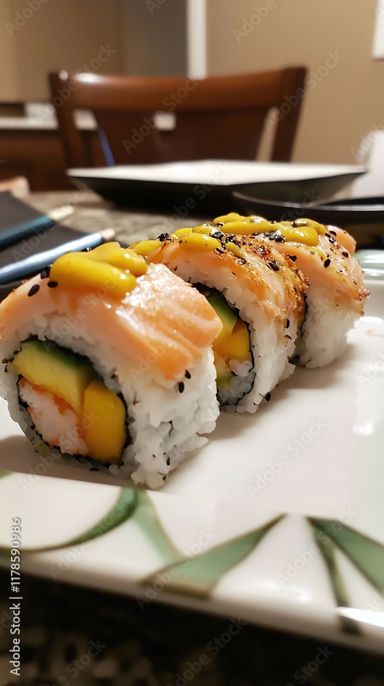 A Caribbean-style sushi roll with jerk salmon and mango chutney. A Caribbean-style sushi roll with jerk salmon and mango chutney.