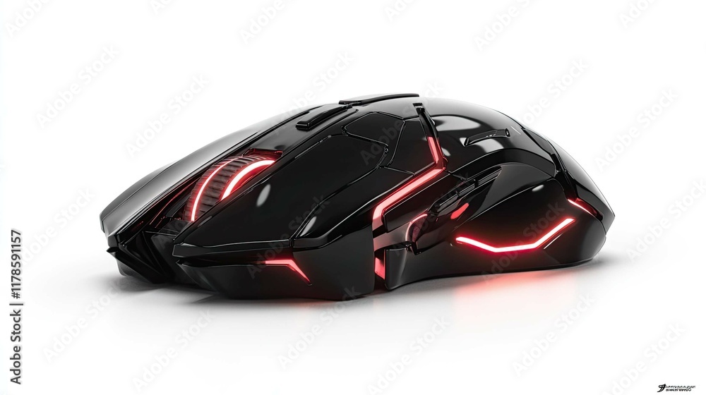 A mouse with a glossy black finish and illuminated side buttons for gaming. A mouse with a glossy black finish and illuminated side buttons for gaming.