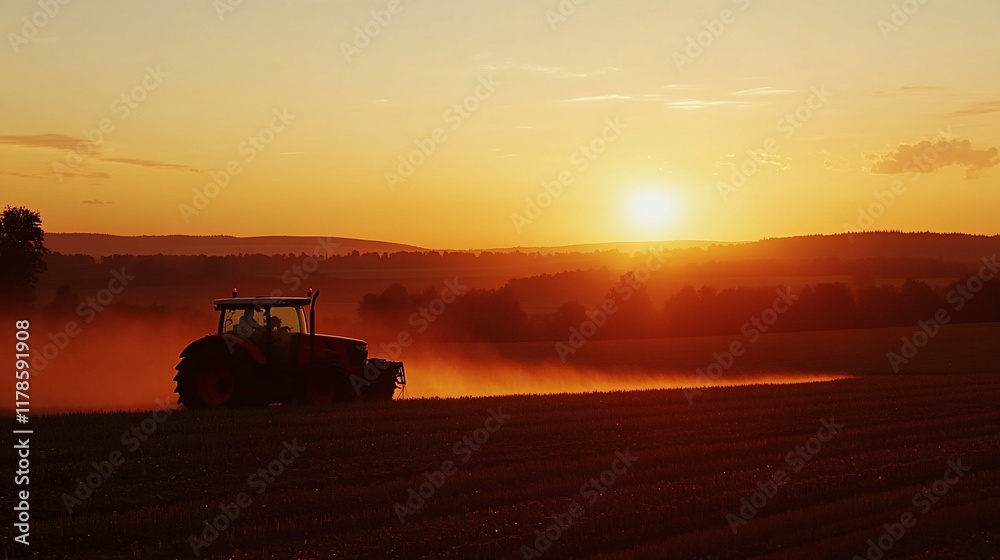 Fototapeta premium Tractor working field sunset.