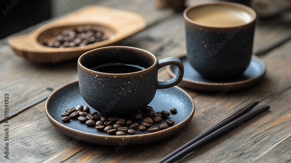 コーヒーが入った和食器のコーヒーカップ ソーサーの上ににコーヒー豆が散らばっている アンティークな木製の机の上