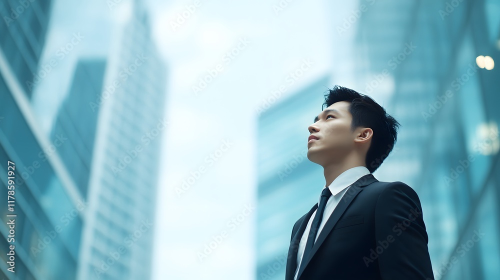 Confident business executive in formal suit and tie standing against the backdrop of a modern skyscraper cityscape,exuding a sense of determination and ambition. Confident business executive in formal suit and tie standing against the backdrop of a modern skyscraper cityscape,exuding a sense of determination and ambition.