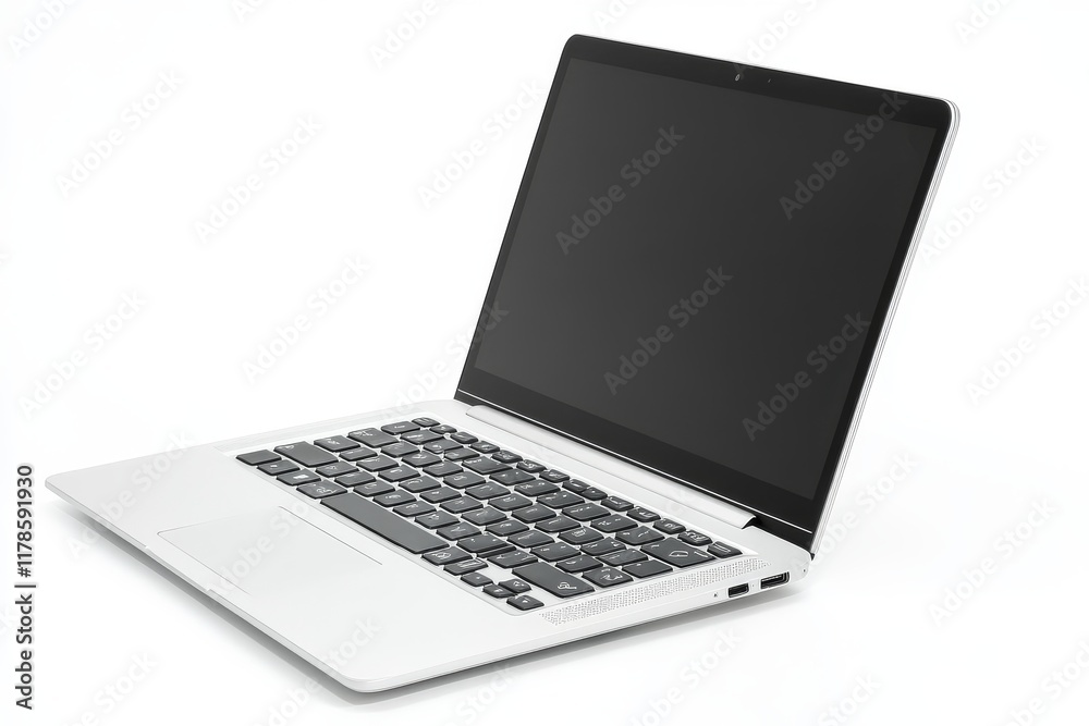 Silver laptop computer on a white background, side view, high-quality technology device for work or personal use. Silver laptop computer on a white background, side view, high-quality technology device for work or personal use.