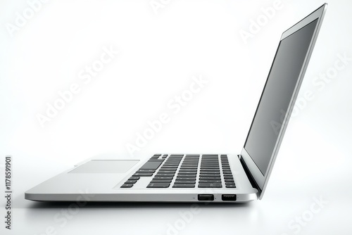 Silver laptop computer on a white background, side view, high-quality technology device for work or personal use.