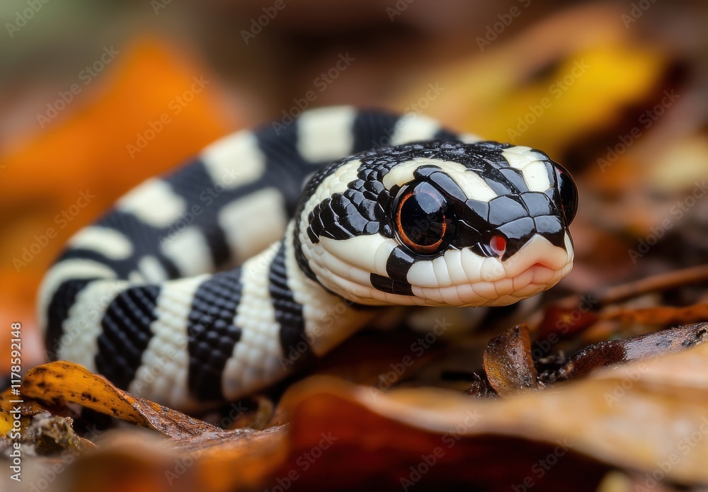 Close-Up of a Black and White Striped Snake on a Bed of Colorful Autumn Leaves with a Sharp Focus on Its Eyes and Unique Pattern Details Close-Up of a Black and White Striped Snake on a Bed of Colorful Autumn Leaves with a Sharp Focus on Its Eyes and Unique Pattern Details
