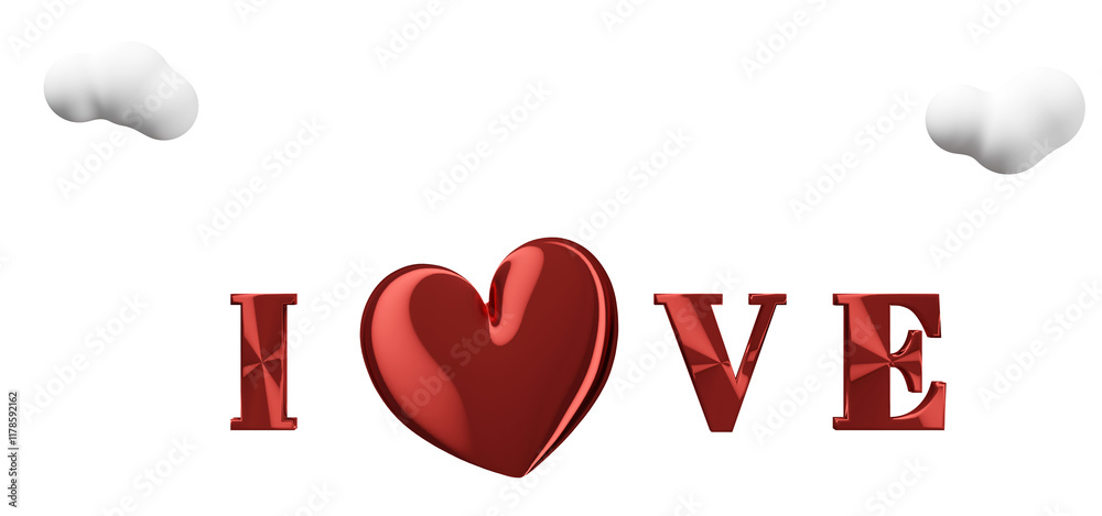 3d love word with heart, cloud isolated. Happy valentine's day concept, 3d illustration render