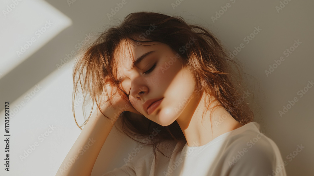 光が差し込む部屋で頭を抱えて目を瞑っている 頭痛・体調が悪い女性の顔のクローズアップ