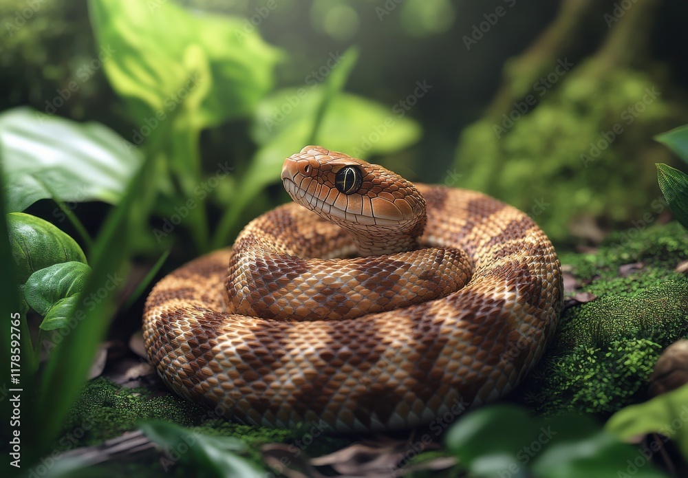 Fototapeta premium Close-Up of a Coiled Snake in Lush Green Environment with Natural Lighting, Showcasing the Intricate Patterns and Textures of Its Scales Among Vibrant Leaves