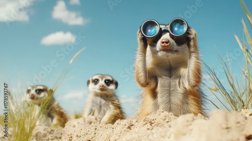Wallpaper Mural Meerkat clan with designated lookout using binoculars in wild. These curious animals exhibit teamwork and vigilance while observing their surroundings Torontodigital.ca