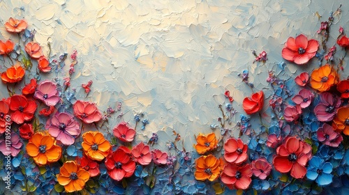 Impasto floral painting with red, orange, and blue flowers on textured background.