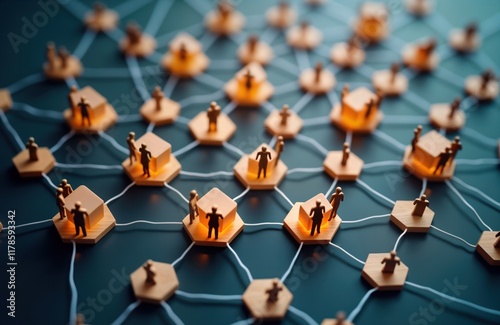 Miniature figures representing employees connected via network of lines. Interact in groups around glowing hubs. Decentralized communication system suggests collaboration, partnership within business photo