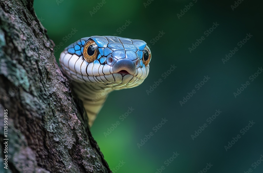 Close-Up of a Colorful Snake Peeking from a Tree with Vibrant Blue and White Patterns Against a Lush Green Natural Background Close-Up of a Colorful Snake Peeking from a Tree with Vibrant Blue and White Patterns Against a Lush Green Natural Background