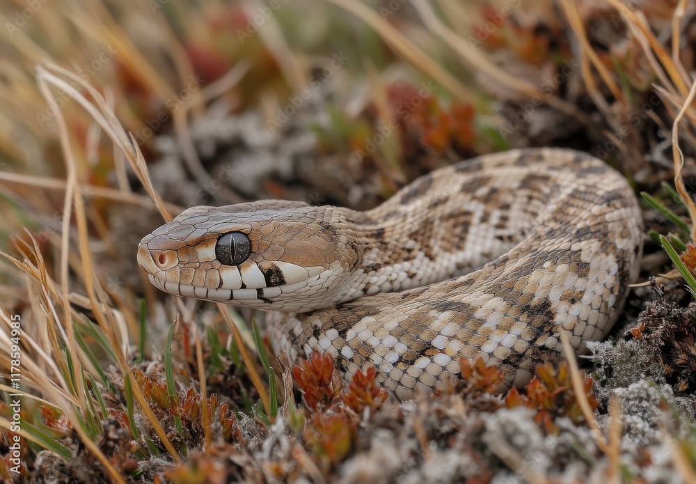Fototapeta premium Close-up of a Serpentine Creature on Natural Ground, Showing Intricate Patterns and Textures in a Natural Habitat Setting with Blurred Background Elements