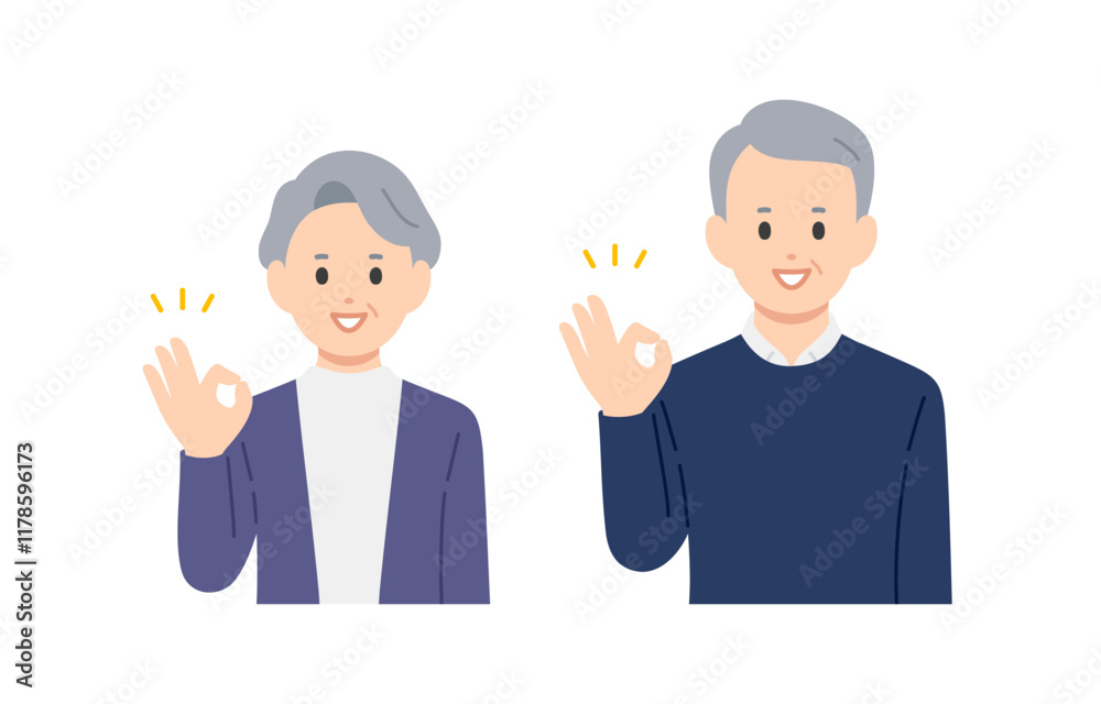 OKサインのポーズをするシニア男女･老夫婦のセット【人物ベクターイラスト素材】