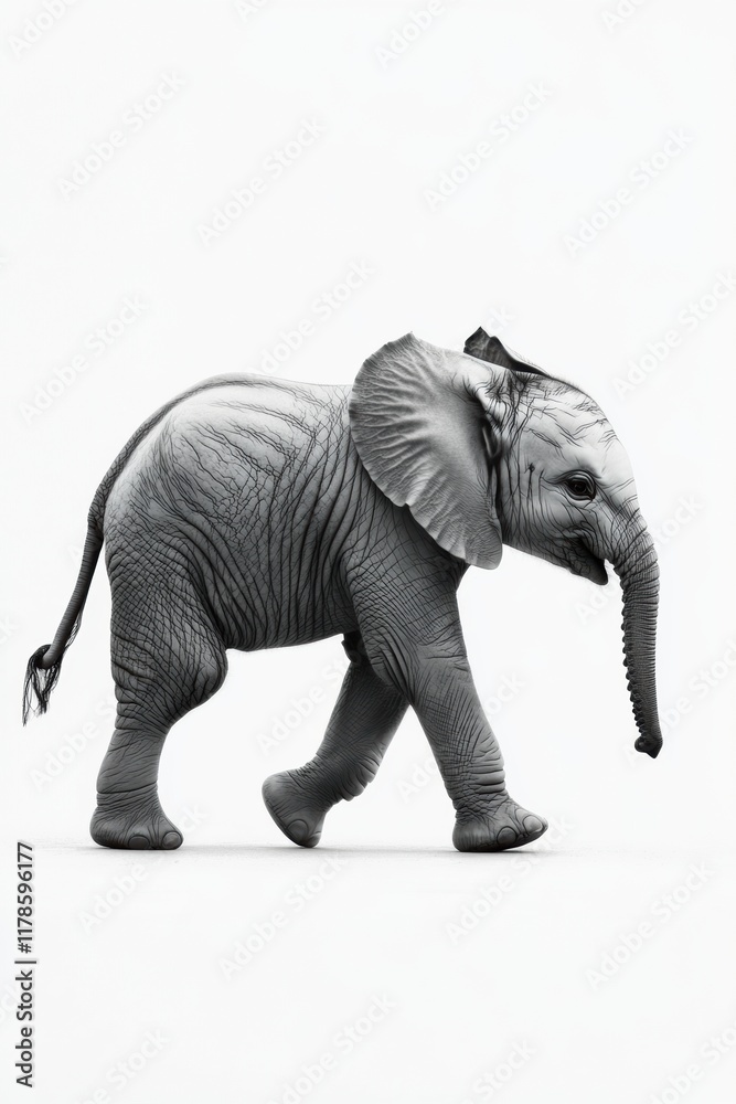 Fototapeta premium A Baby Elephant's Gentle Stroll: A Monochromatic Portrait of African Wildlife