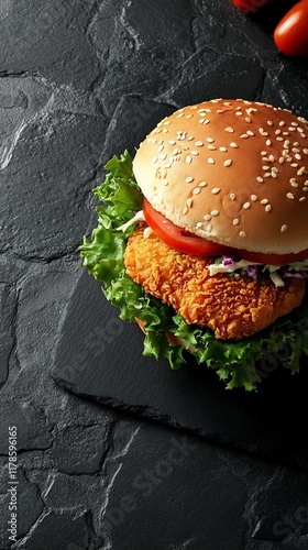 Crispy chicken burger, close-up, dark background, food photography, menu use