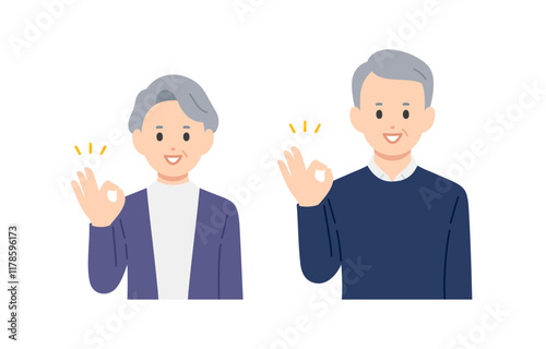 OKサインのポーズをするシニア男女･老夫婦のセット【人物ベクターイラスト素材】
