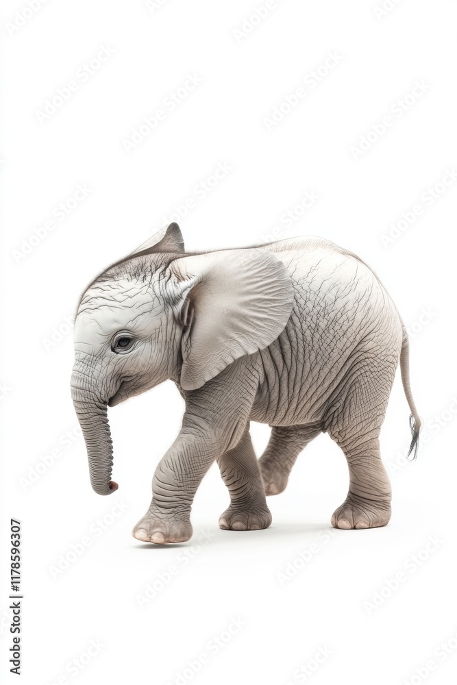 Fototapeta premium Adorable Baby Elephant Walking Against White Background: A Captivating Wildlife Portrait