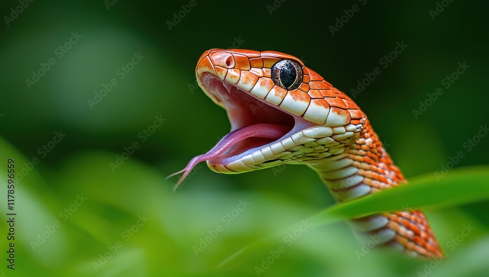 Close-Up of a Vibrant Orange Snake with Open Mouth and Flicking Tongue Against a Lush Green Background in a Natural Habitat Setting Close-Up of a Vibrant Orange Snake with Open Mouth and Flicking Tongue Against a Lush Green Background in a Natural Habitat Setting