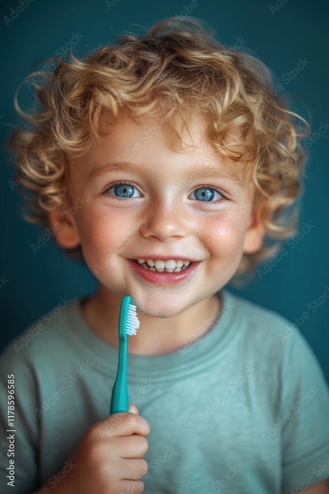 Adorable Toddler with Curly Blonde Hair Holding a Toothbrush, Smiling Brightly a Portrait of Dental Hygiene and Child Health Adorable Toddler with Curly Blonde Hair Holding a Toothbrush, Smiling Brightly a Portrait of Dental Hygiene and Child Health