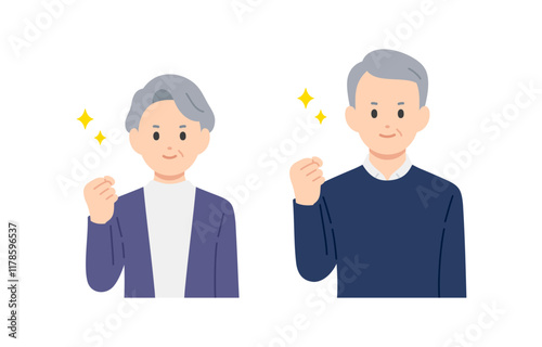 ガッツポーズをするシニア男女･老夫婦のセット【人物ベクターイラスト素材】