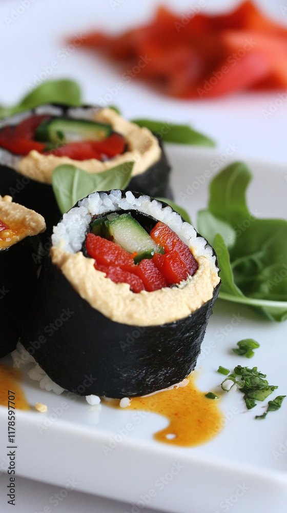 A Mediterranean sushi roll with roasted red peppers and hummus. A Mediterranean sushi roll with roasted red peppers and hummus.